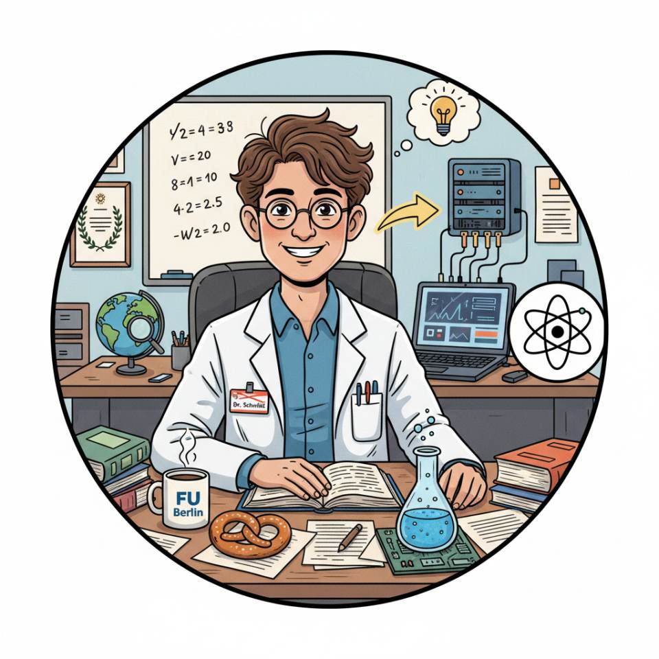 Comic-Darstellung eines Doktoranden mit Laptop, Fachliteratur, Experimentierglas und Diagrammen am Schreibtisch