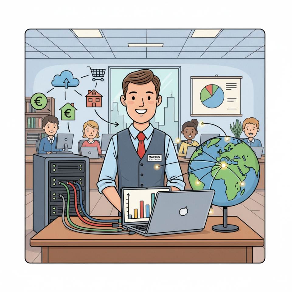 Comic-Darstellung eines Filialleiters mit Tablet, Warenregalen und Team auf der Verkaufsfläche