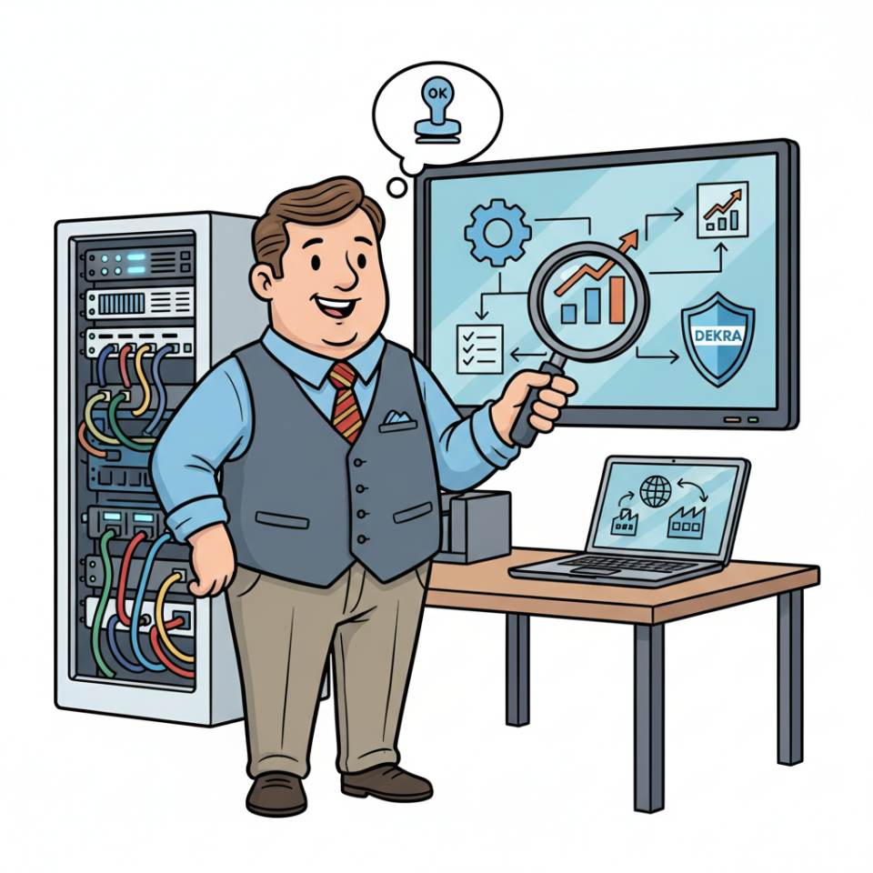 Comic-Darstellung eines Qualitätsbeauftragten mit Checkliste, Prozessdiagramm und Normdokumenten am Schreibtisch neben einem Fertigungsbereich