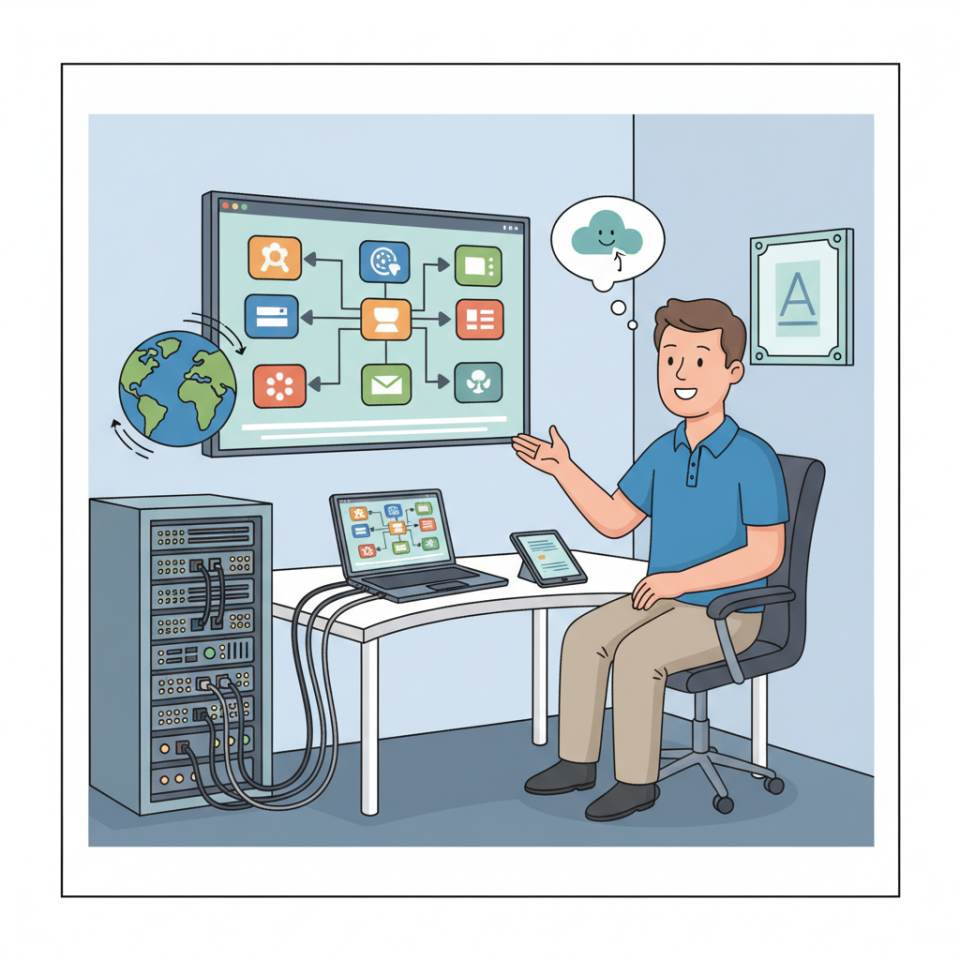 Comic illustration of an application specialist with a laptop, software dashboards and configuration screens in a modern office