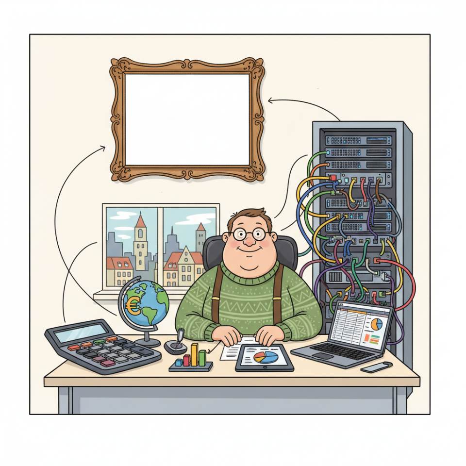 Comic illustration of a cost estimator at a desk with plans, cost lists, laptop and calculator