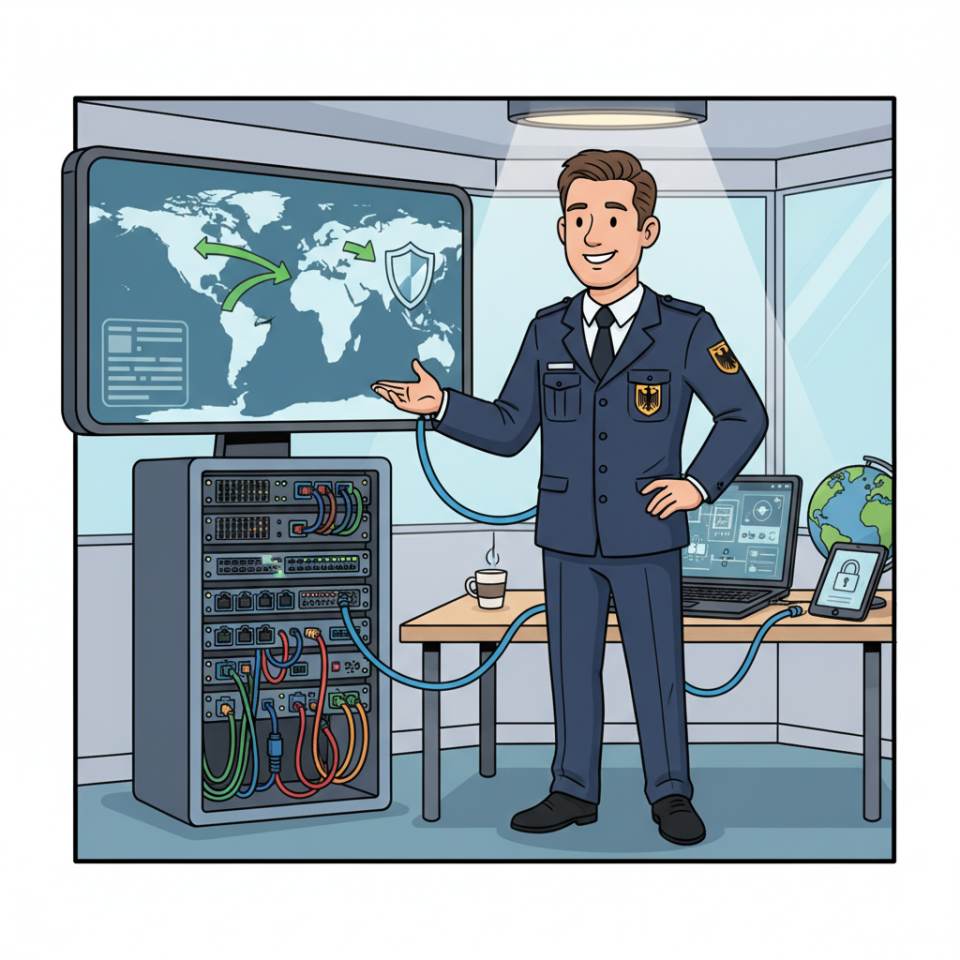Comic illustration of a security officer with radio and high-visibility vest at a controlled building entrance