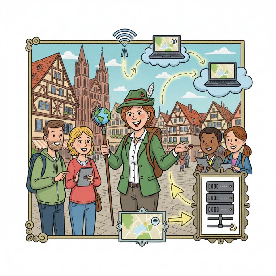 Ilustración cómica de un guía turístico con un grupo frente a una puerta histórica de la ciudad
