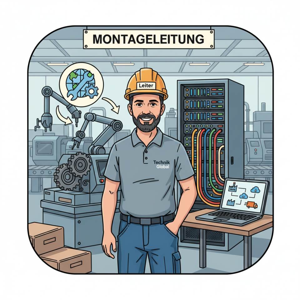 Ilustración cómic de un jefe de montaje con casco, plano y walkie-talkie dirigiendo un equipo de montaje en una planta industrial