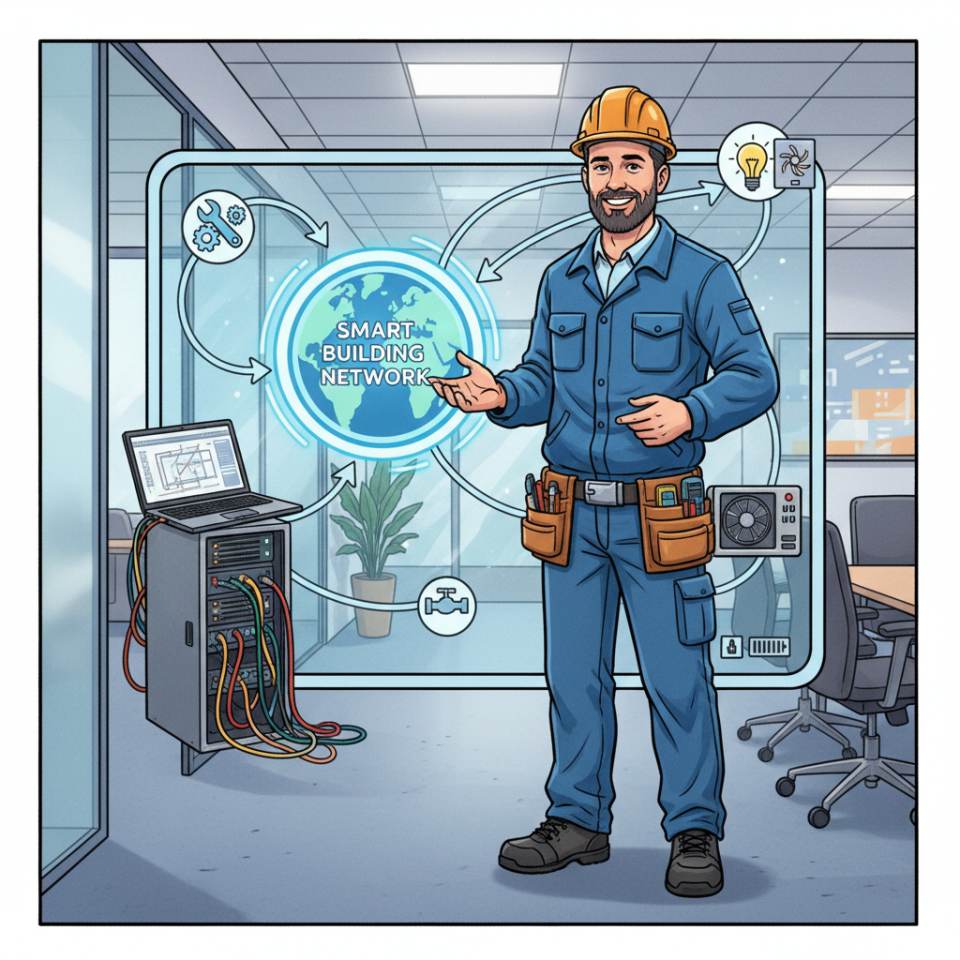 Комікс-зображення Facility Manager з планшетом, планом будівлі, технічним приміщенням і сервісною командою біля офісного комплексу