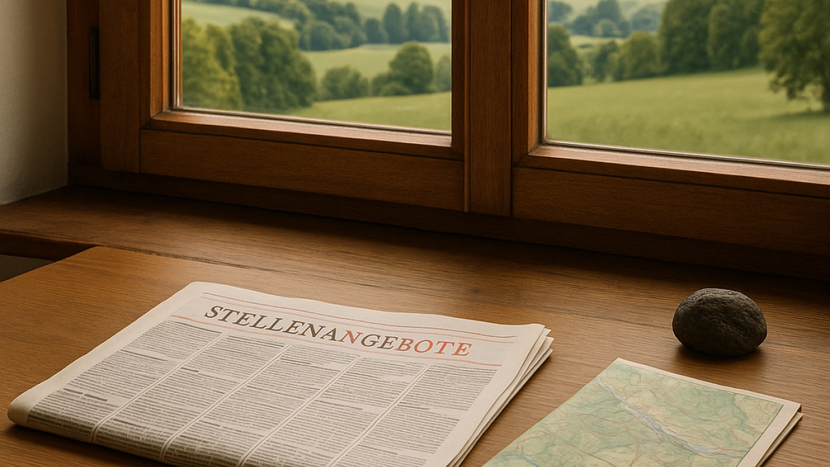 Zeitung mit Stellenangeboten am Fenster zur Münsterland-Landschaft